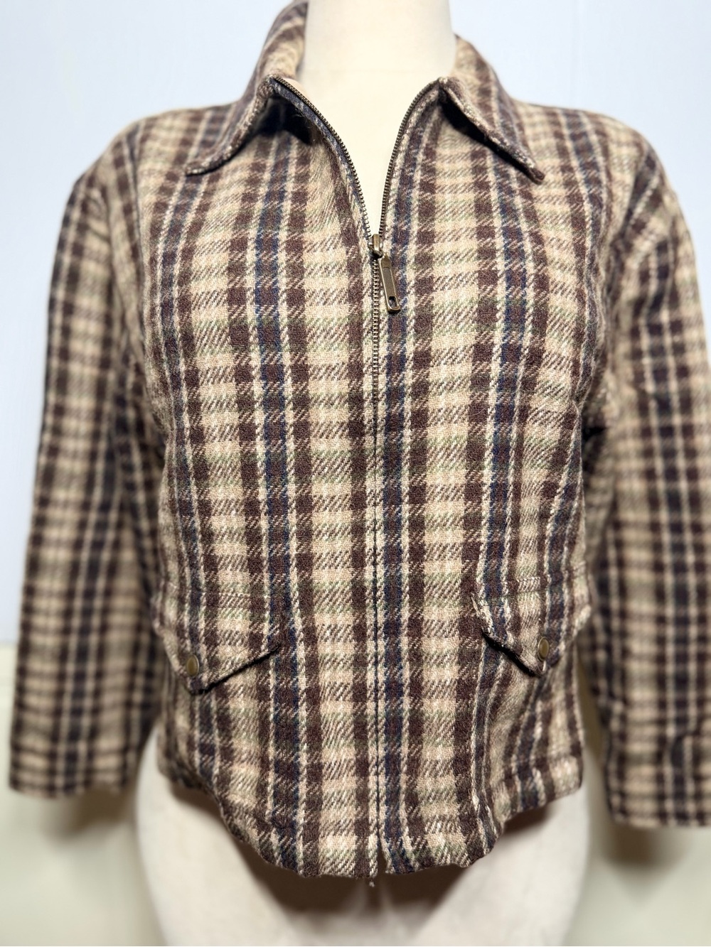 Vintage Fashion Bug Plaid Wool Blend Zip Jacket M Brass Snaps 90’s Dark Academia